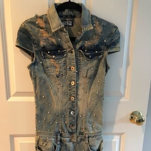 Rhinestone embellished jean mini dress